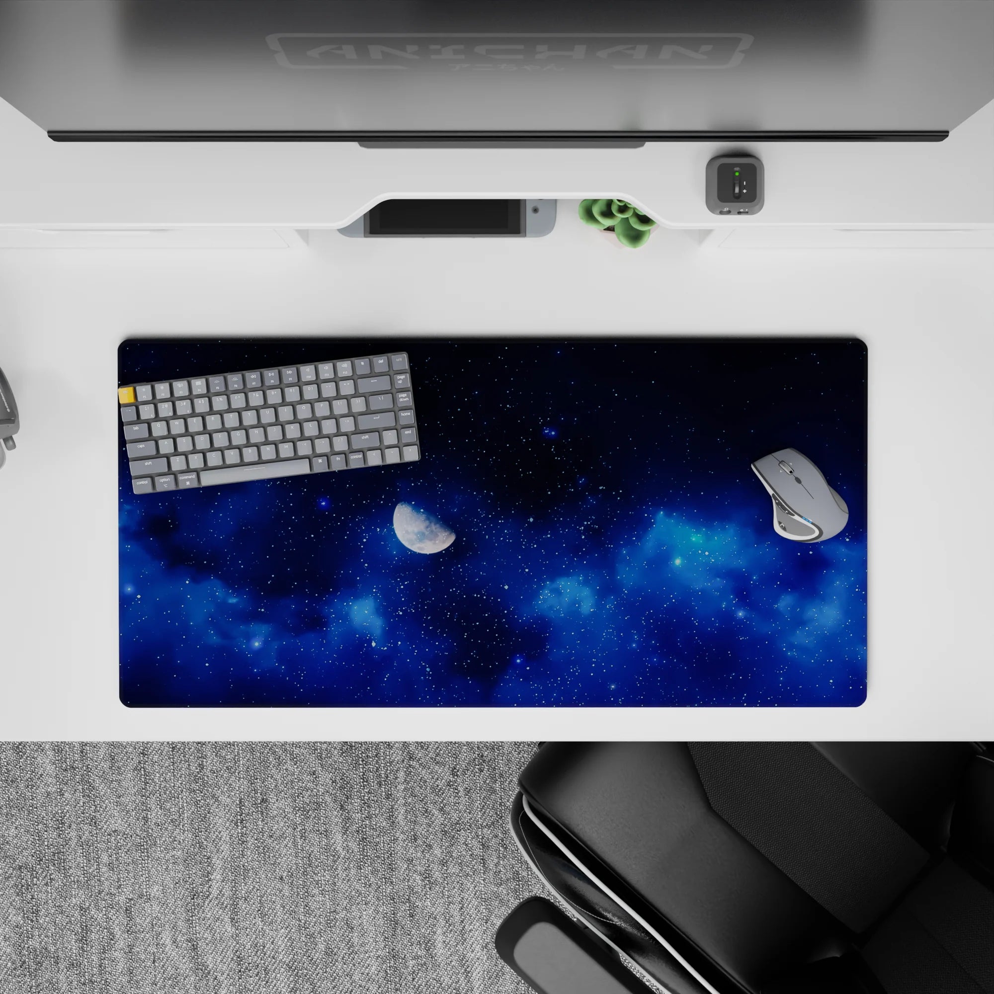 Calm blue-on-blue space vibe mouse pad 32x16 inches in deep sapphire tones with a dreamy, quiet night mood.