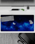 Calm blue-on-blue space vibe mouse pad 32x16 inches in deep sapphire tones with a dreamy, quiet night mood.