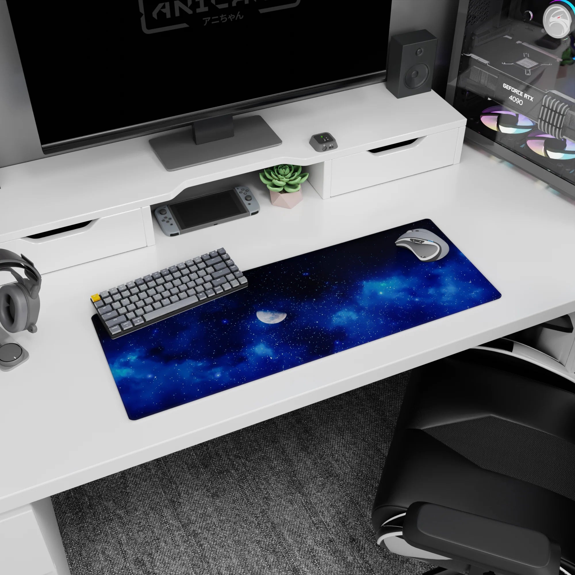 Half-lit moon and tiny glitter-like stars mouse pad 32x12 inches, midnight sky scene for desk setup.