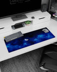 Half-lit moon and tiny glitter-like stars mouse pad 32x12 inches, midnight sky scene for desk setup.