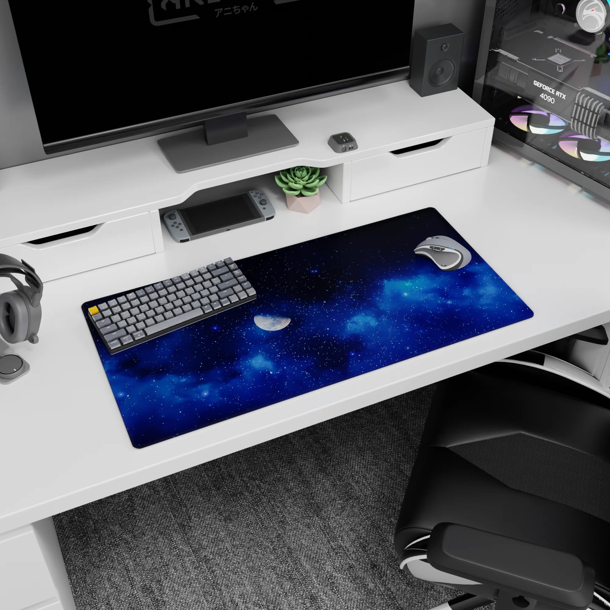 Half-lit moon in a starry midnight sky mouse pad 32x16 inches, with tiny glitter-like stars across blue clouds.