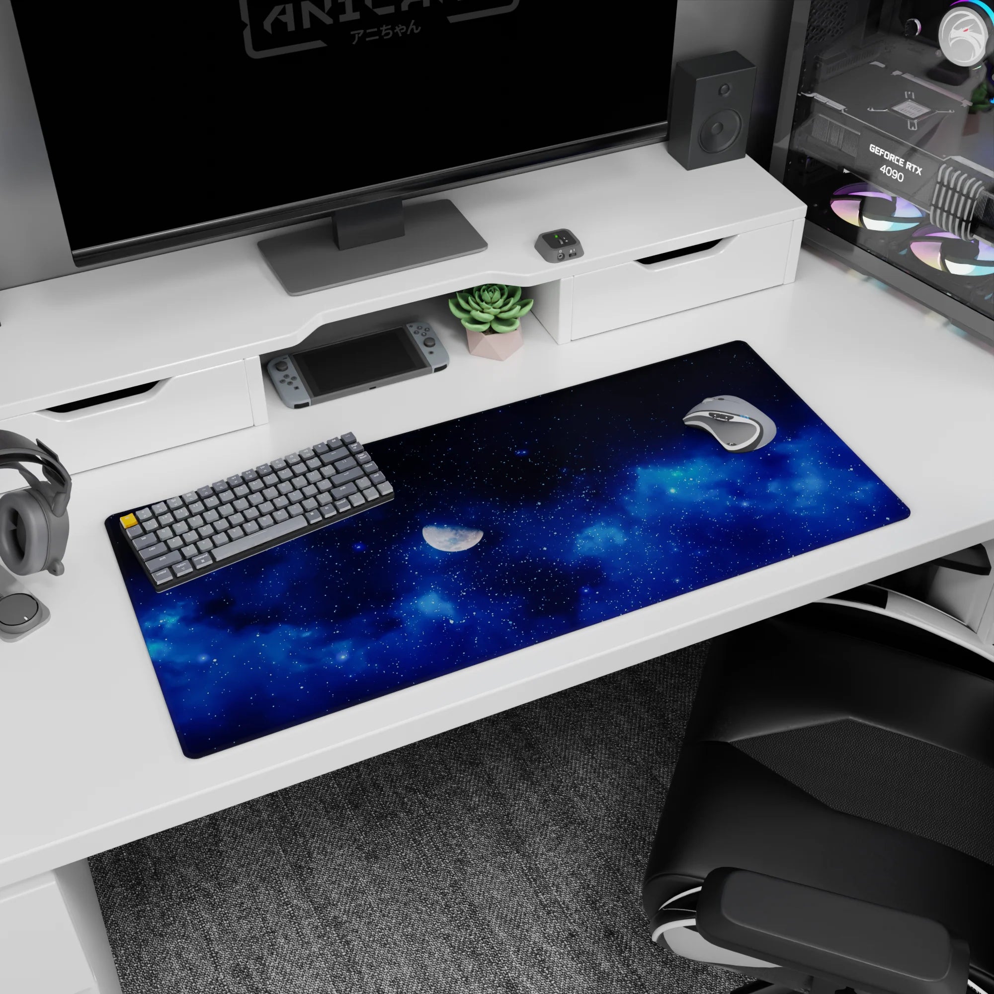 Half-lit moon and starry sky desk pad 36x16 inches, with swirling sapphire clouds across the surface.