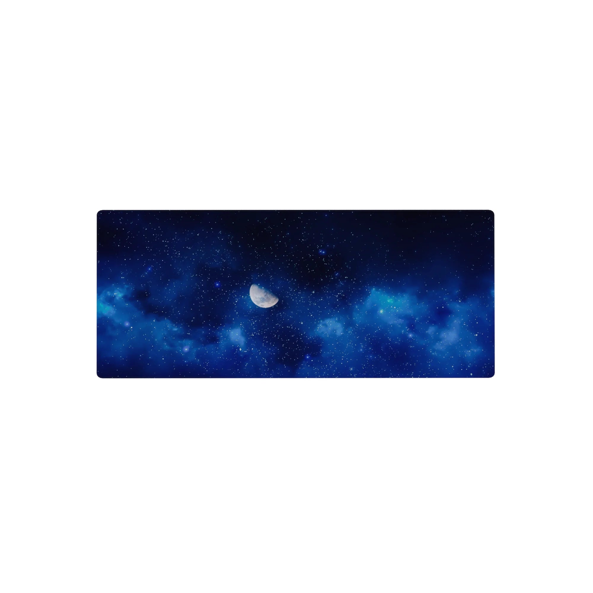 Midnight galaxy desk mouse pad 28x12 inches with sapphire clouds, scattered stars, and a soft moon.