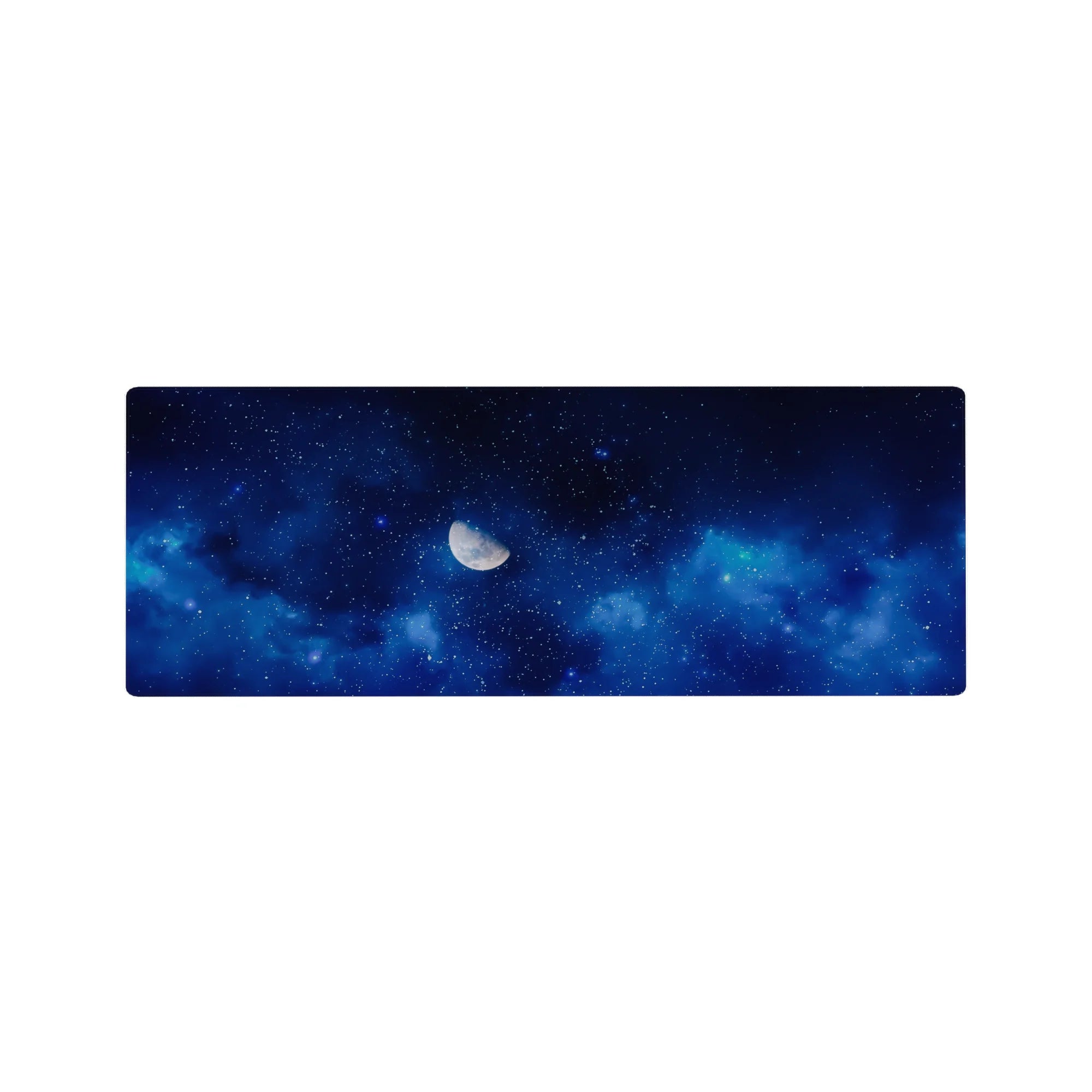 Midnight galaxy desk mouse pad 32x12 inches with swirling sapphire clouds and scattered star pattern.