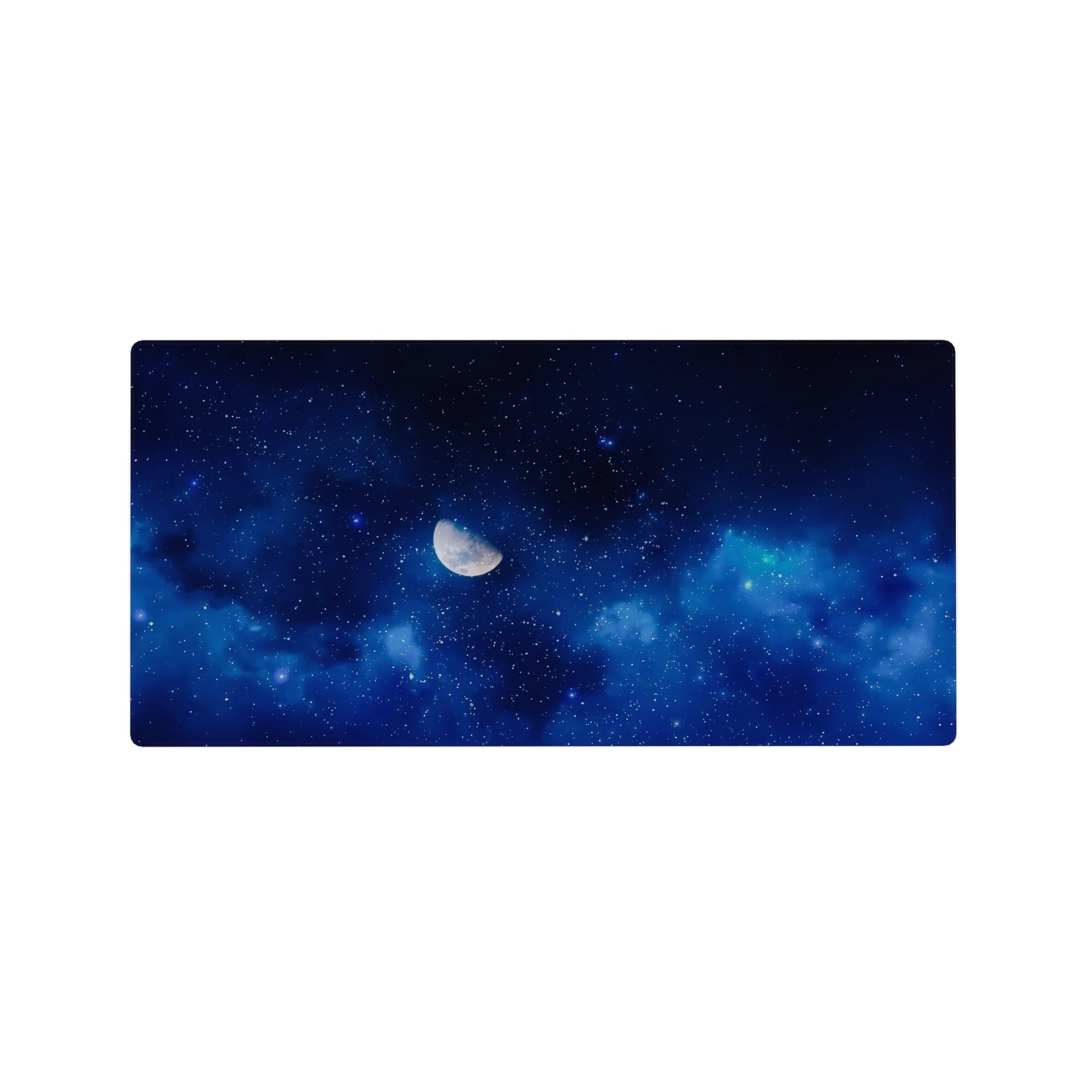 Midnight galaxy desk mouse pad 32x16 inches with swirling sapphire clouds, scattered stars, and soft gradients.