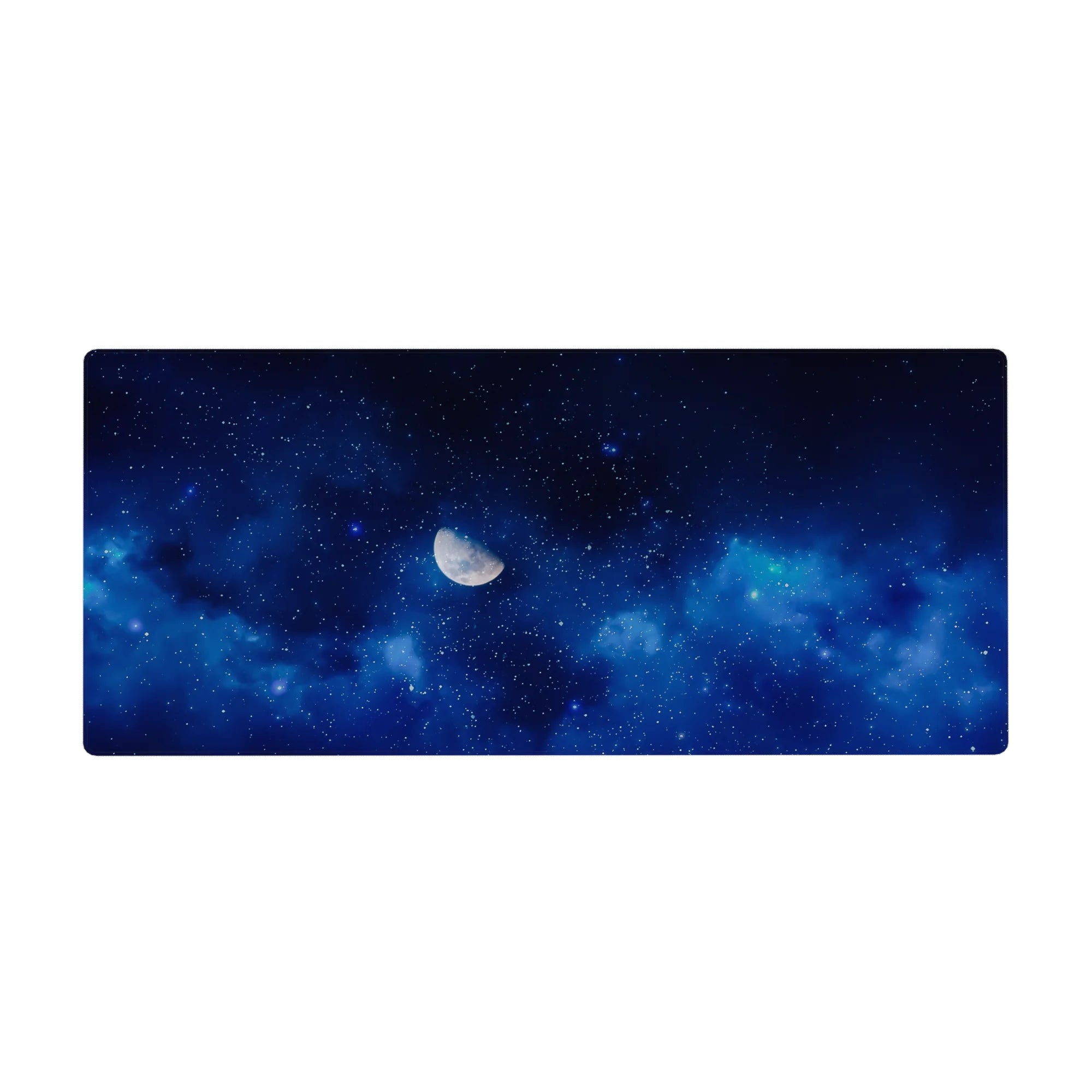 Midnight galaxy desk pad 36x16 inches with sapphire clouds, scattered stars, and soft blue gradients.