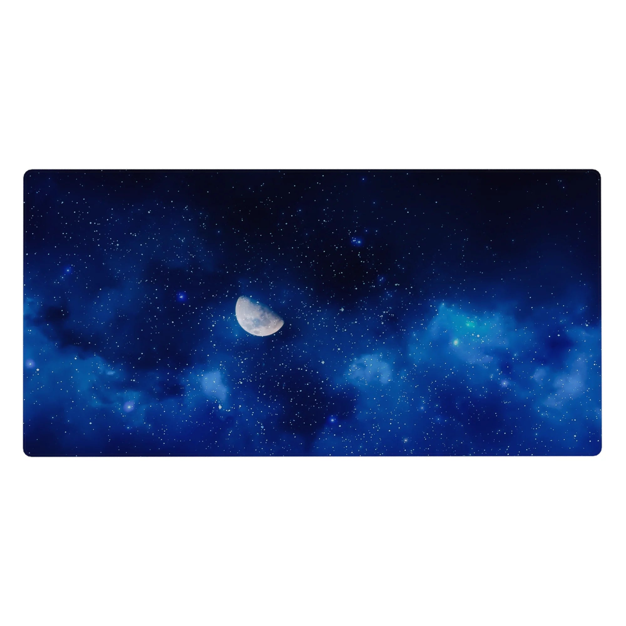 Midnight galaxy desk pad 40x20 inches with sapphire clouds, scattered stars, and soft gradient space art.