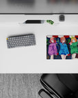 Vibrant 14x10 inches anime girl mouse pad in yellow, purple, blue, green, and red hoodies, cozy vibe.