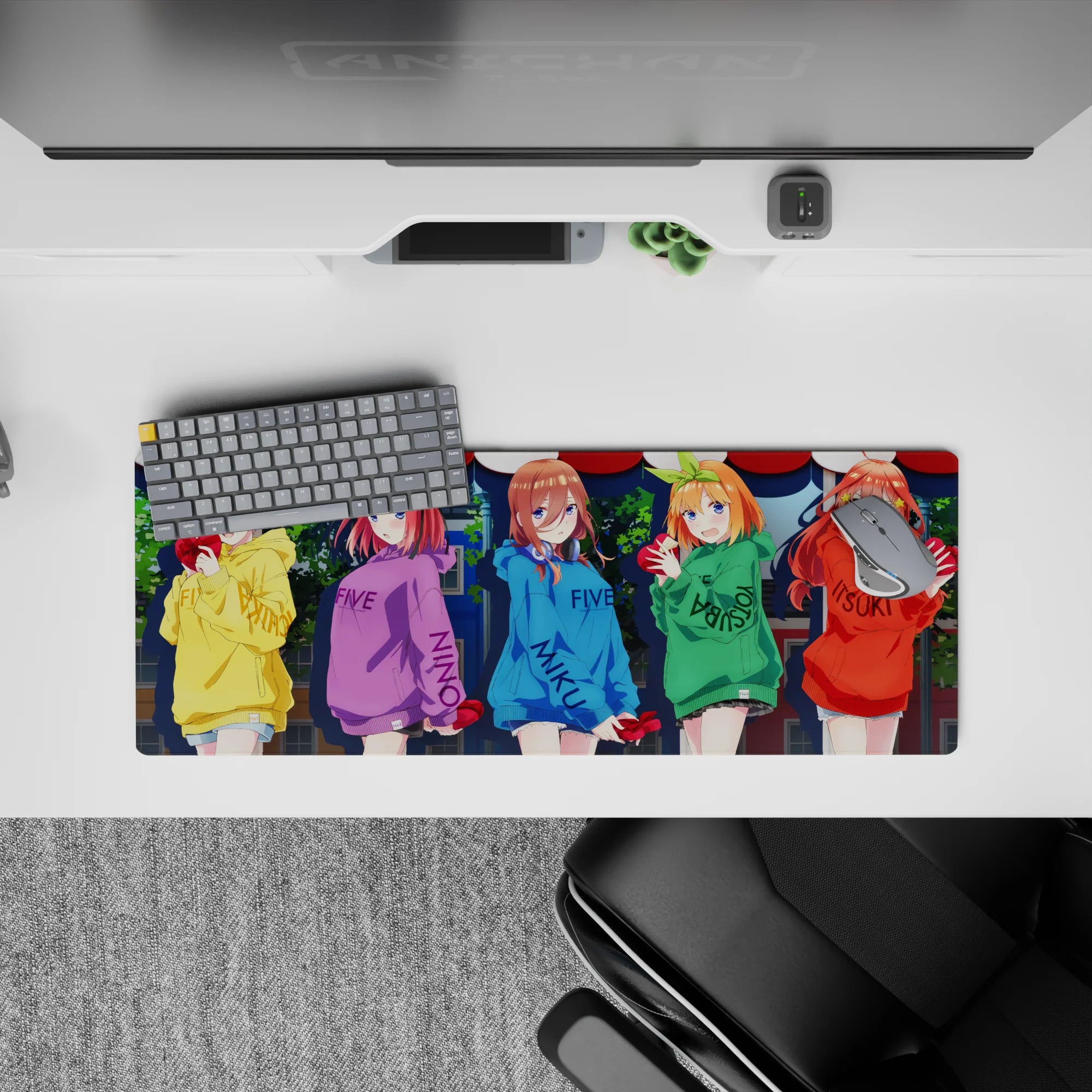32x12 inches anime desk mat in yellow, purple, blue, green, and red hoodies, warm cute heart theme.