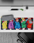 32x12 inches anime desk mat in yellow, purple, blue, green, and red hoodies, warm cute heart theme.