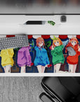 Colorful anime desk pad 36x16 inches in yellow, purple, blue, green, and red hoodies with warm shy vibes.