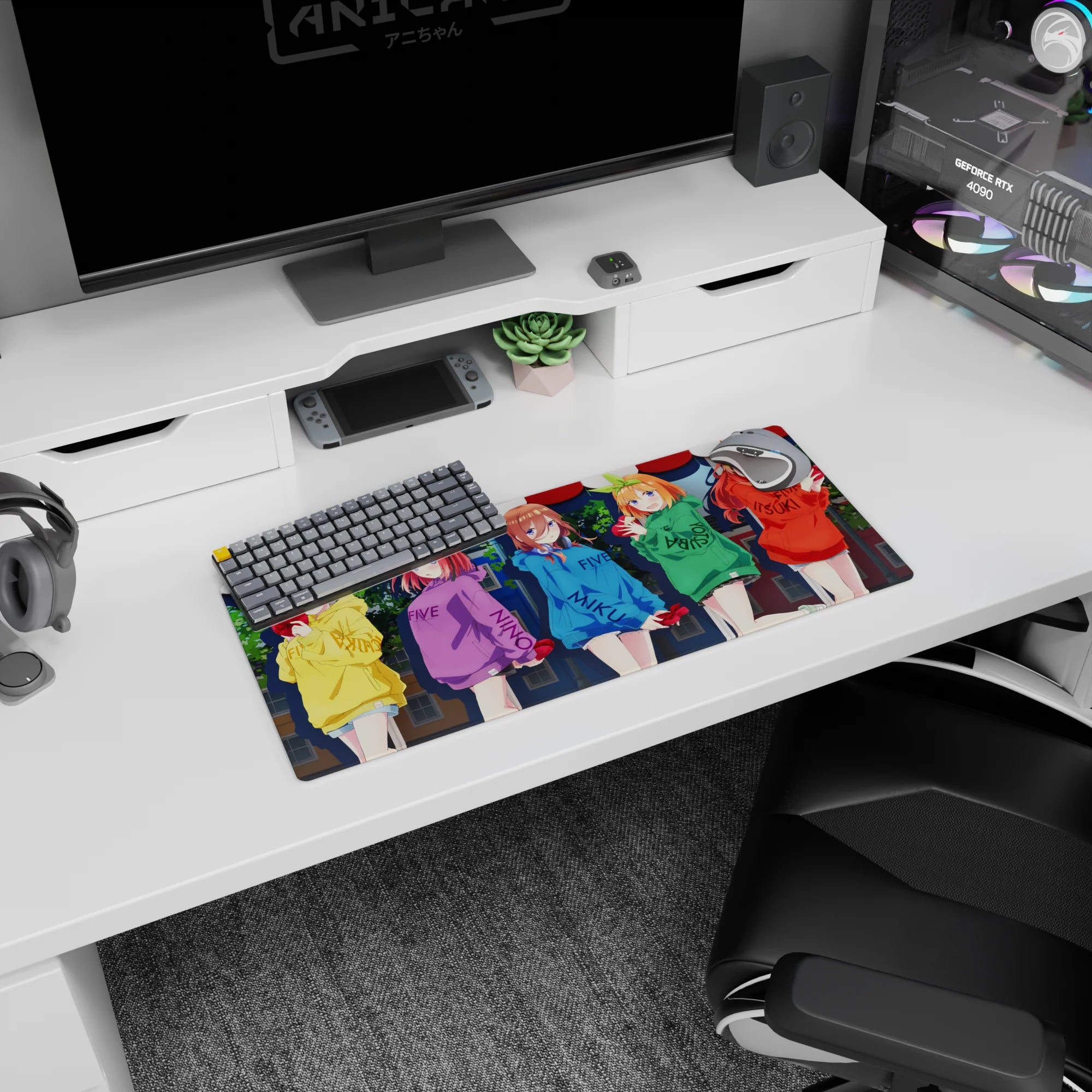 28x12 inches anime girl mouse pad showing five cute girls lined up, hugging red hearts like a night festival.