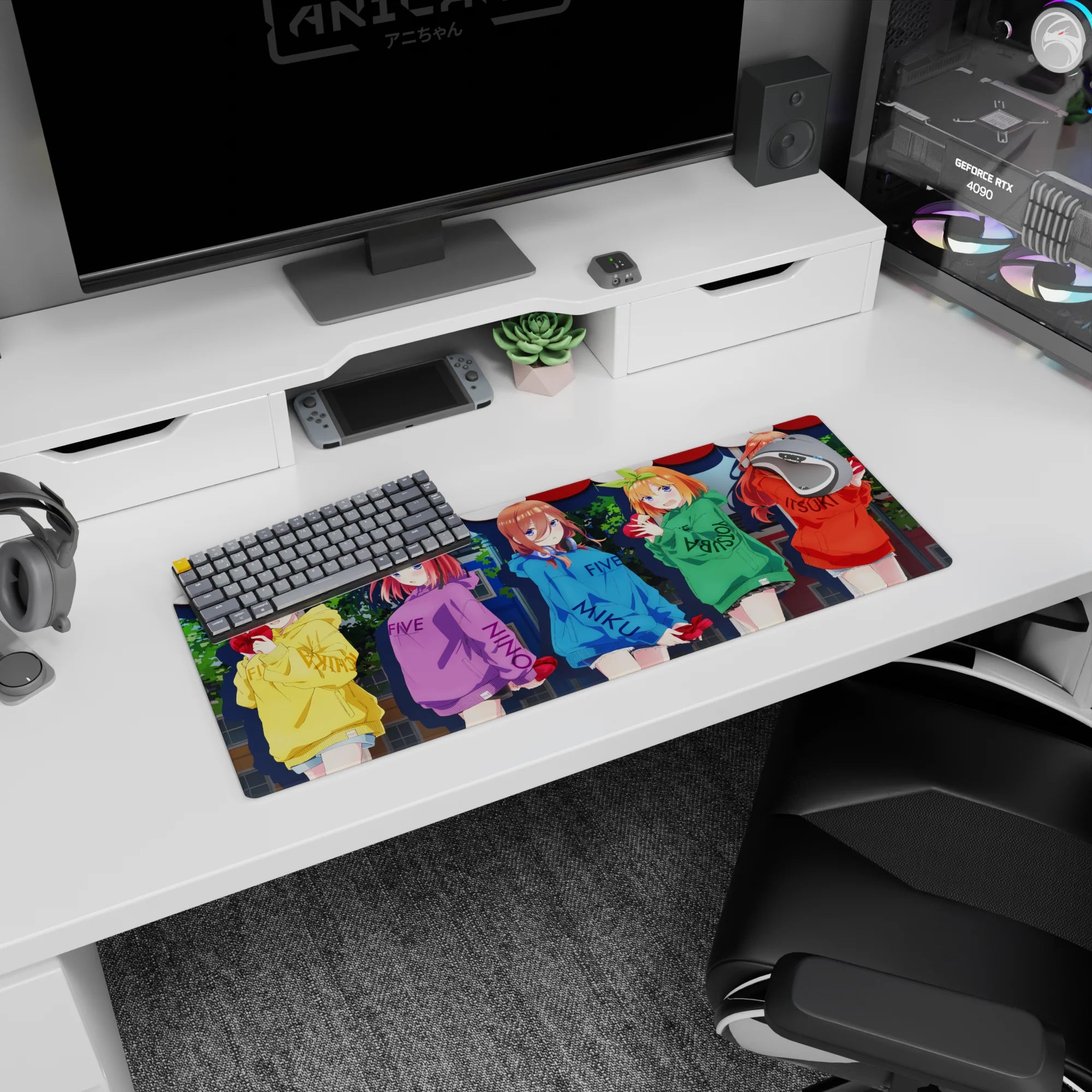 32x12 inches anime girl mouse pad showing five shy girls lined up hugging red hearts, playful lettering.