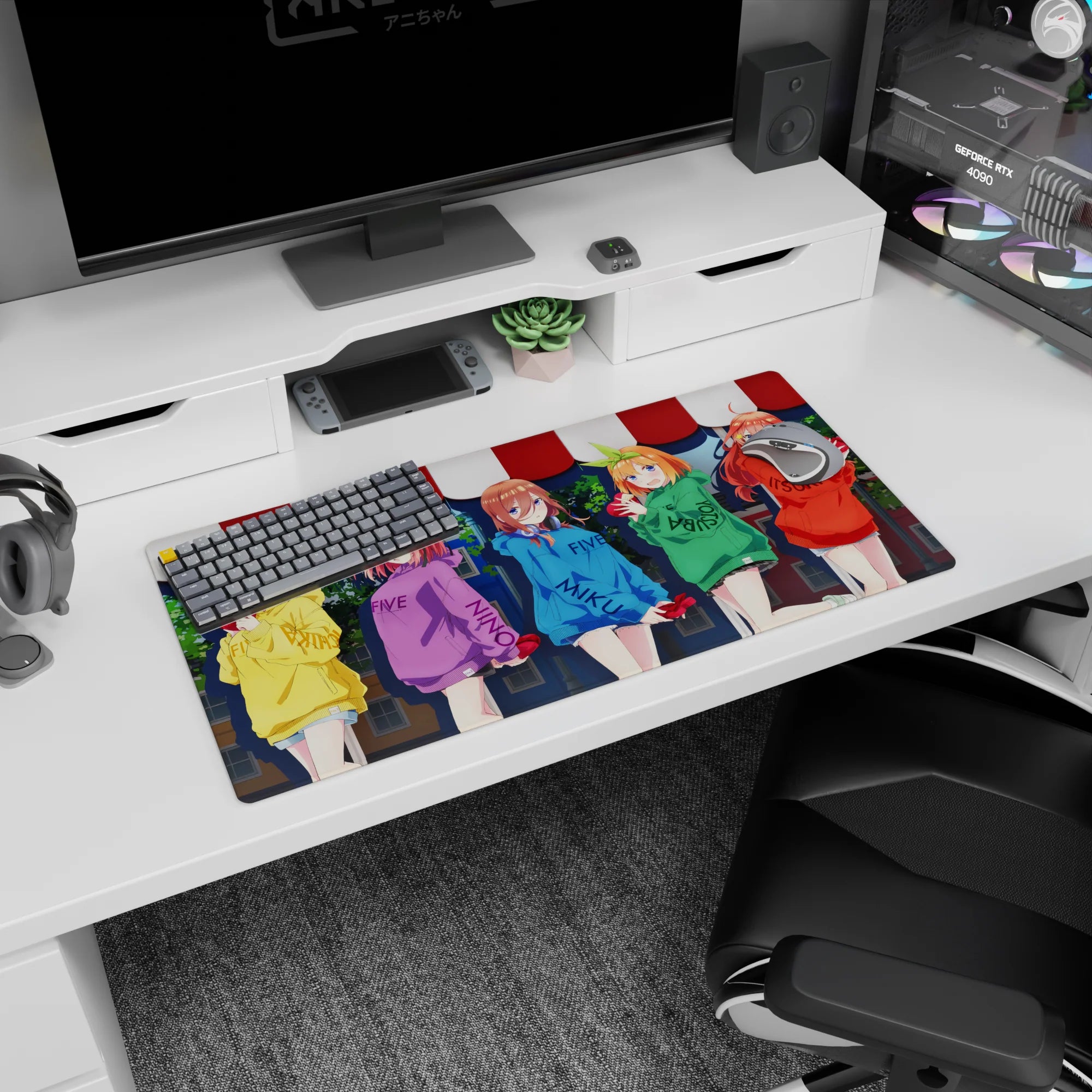 32x16 inches mouse pad showing five shy anime girls hugging red hearts, with name lettering on hoodies.