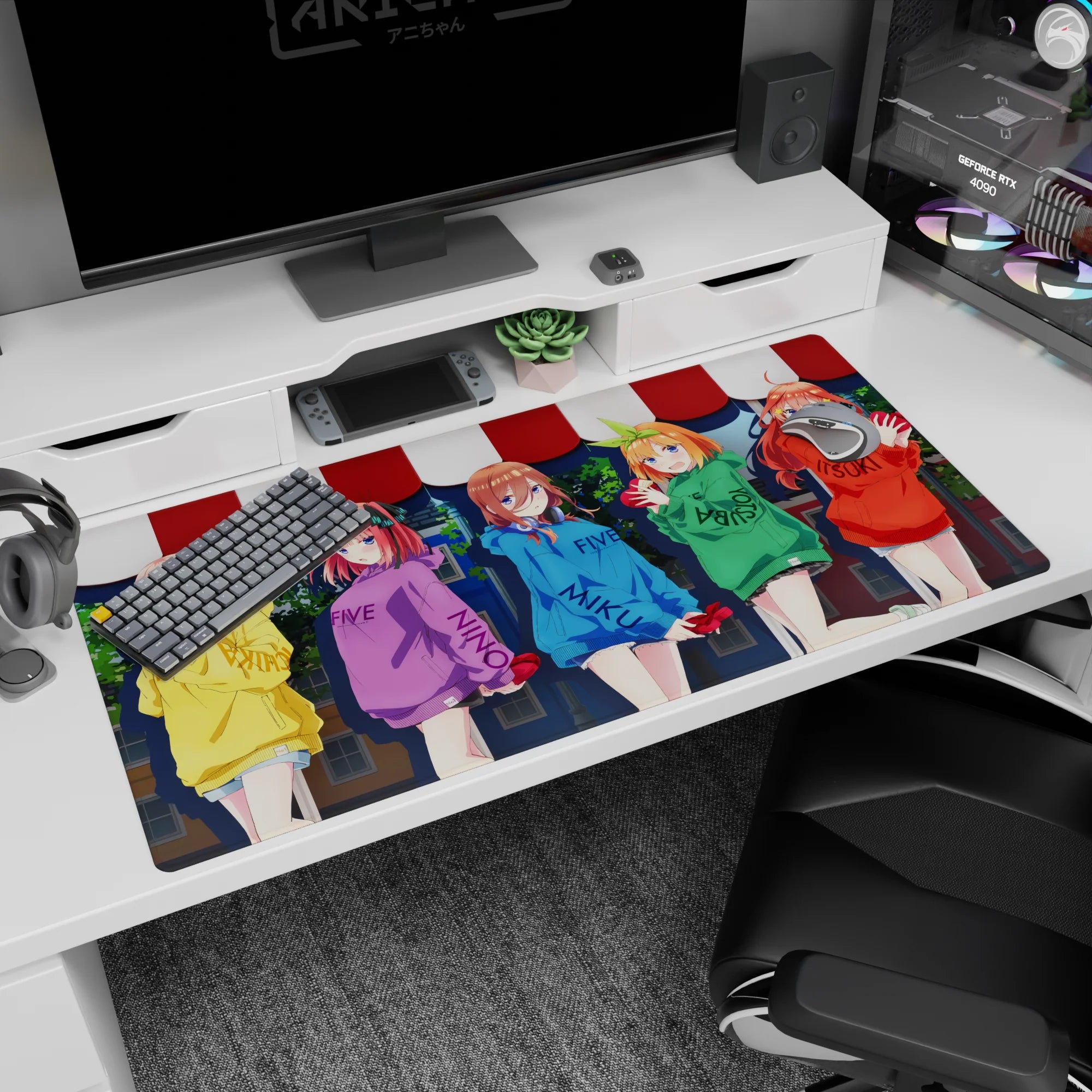 40x20 inches anime desk pad of five shy girls in hoodies hugging red hearts, tousled hair and smiles.