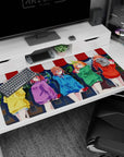 40x20 inches anime desk pad of five shy girls in hoodies hugging red hearts, tousled hair and smiles.