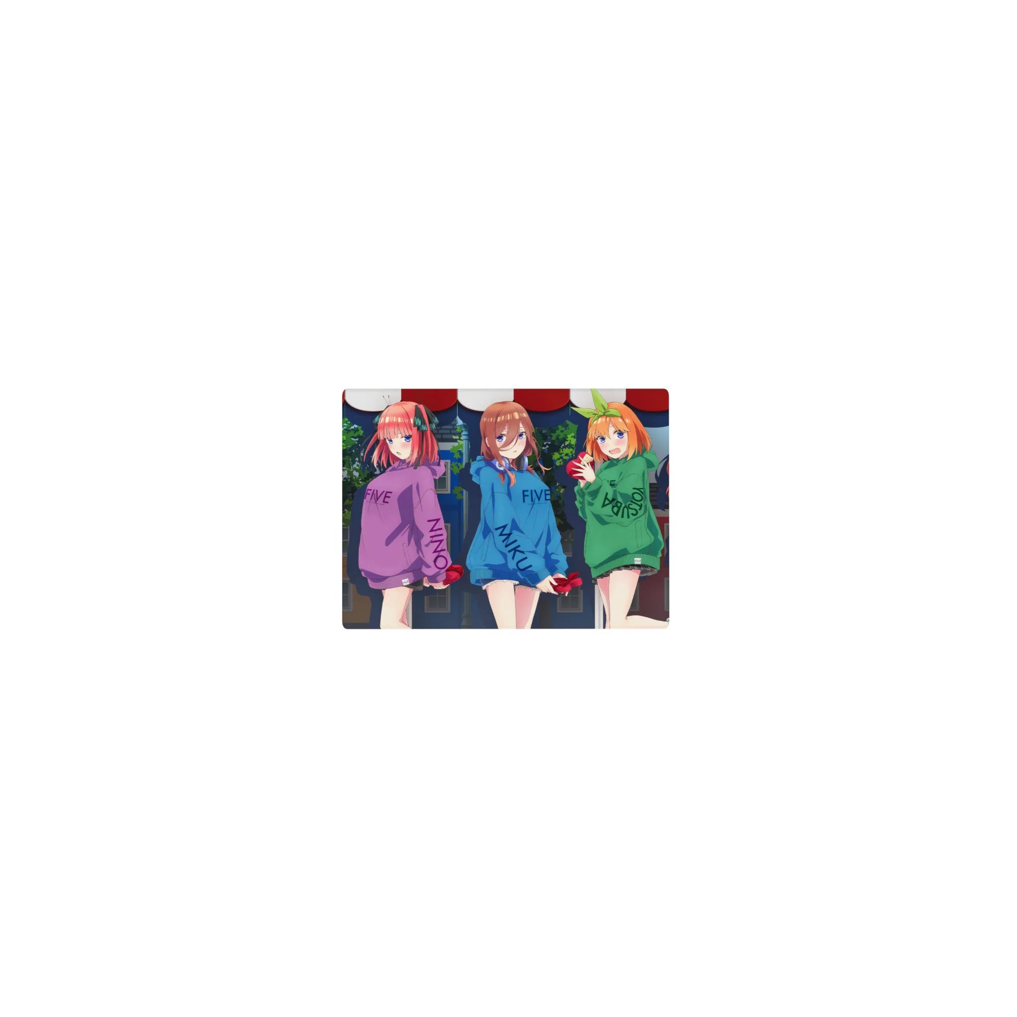 Classic anime girl mouse pad 14x10 inches with five girls in hoodies holding red heart gifts at night.