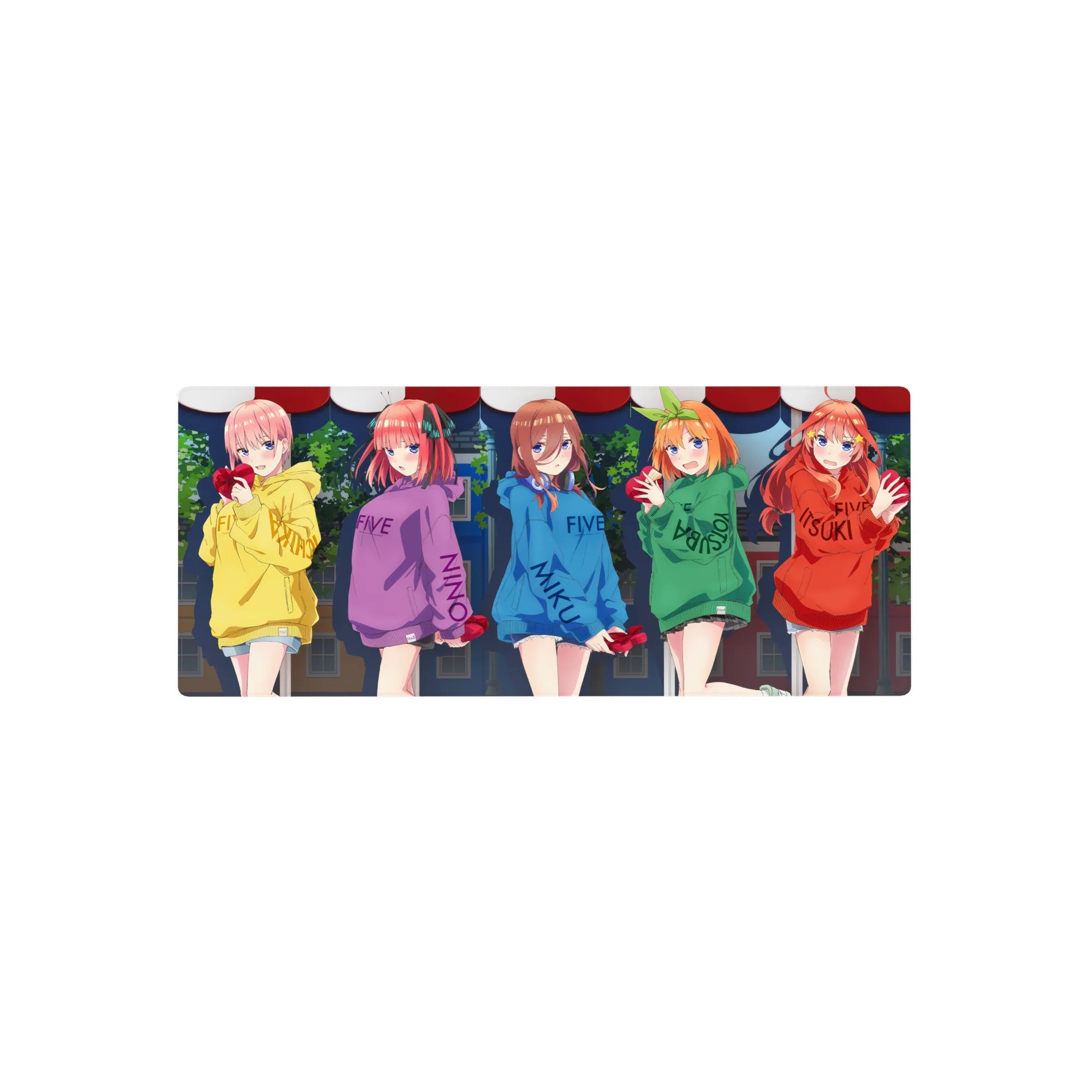 28x12 inches anime girl mouse pad with five girls in colorful hoodies holding red heart gifts at night.