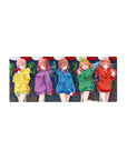 28x12 inches anime girl mouse pad with five girls in colorful hoodies holding red heart gifts at night.