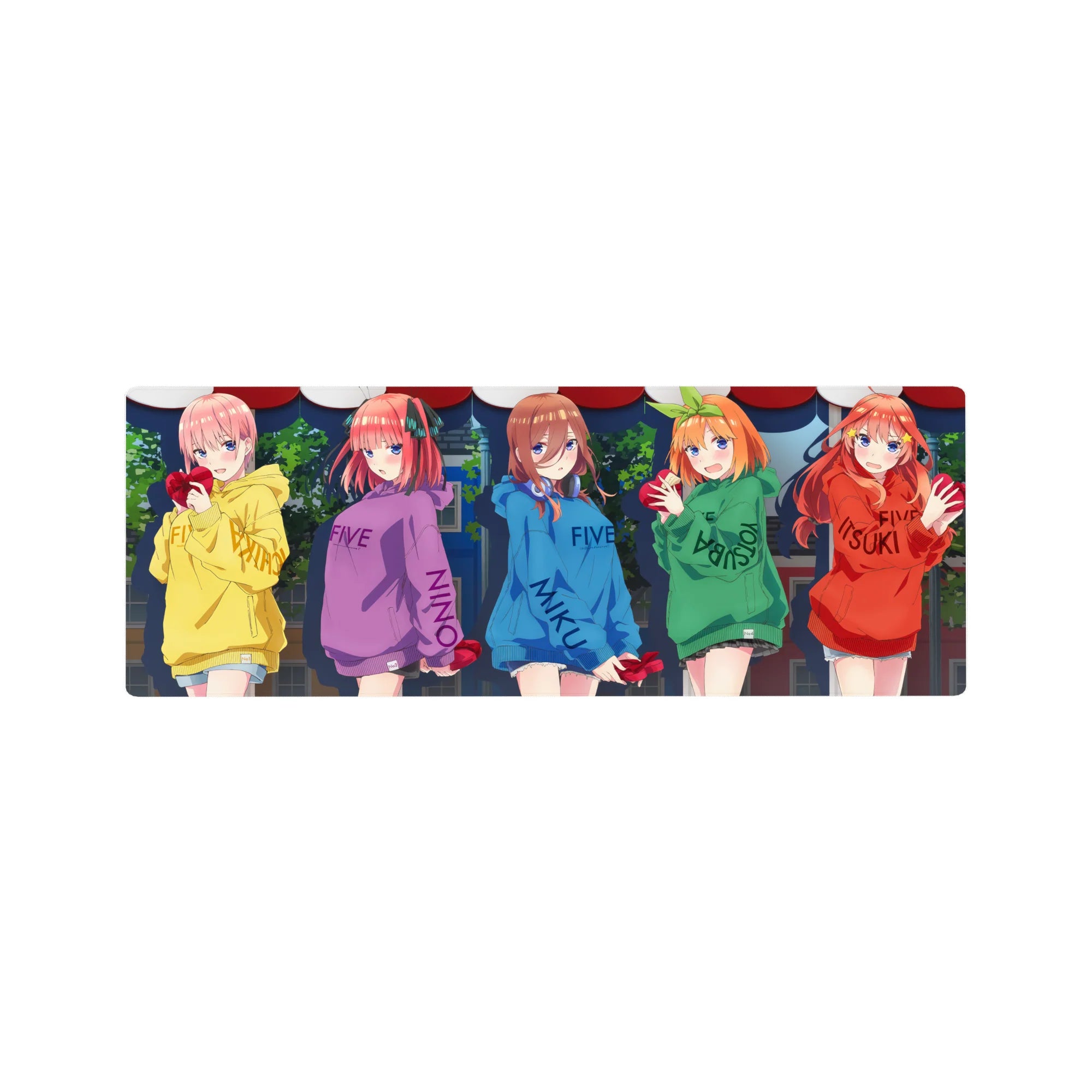 32x12 inches anime girl mouse pad with five girls in hoodies holding red heart gifts, night festival vibe.