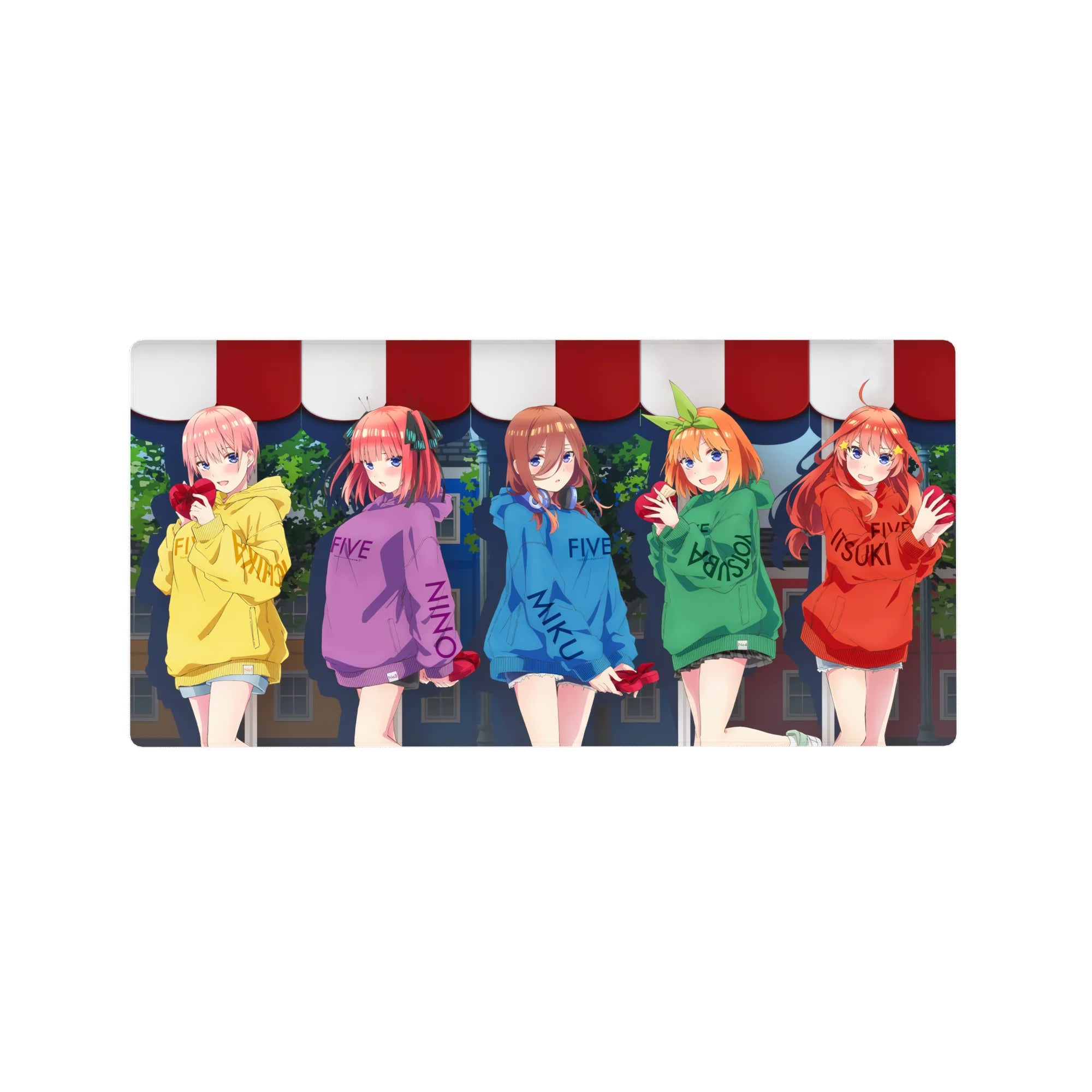 32x16 inches anime girl mouse pad with five hoodie girls in a lineup, each holding a red heart gift at night.