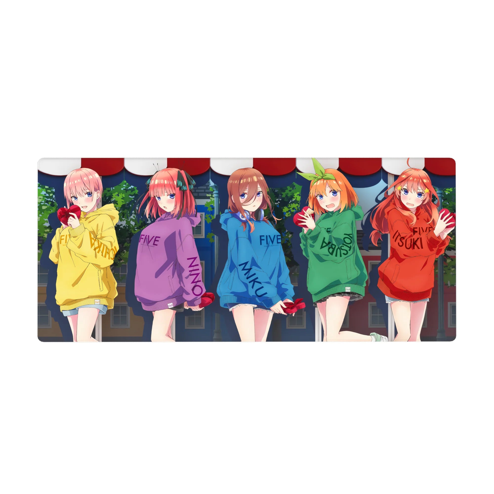 Anime girl desk pad 36x16 inches with five hooded girls holding red heart gifts in a night festival line.
