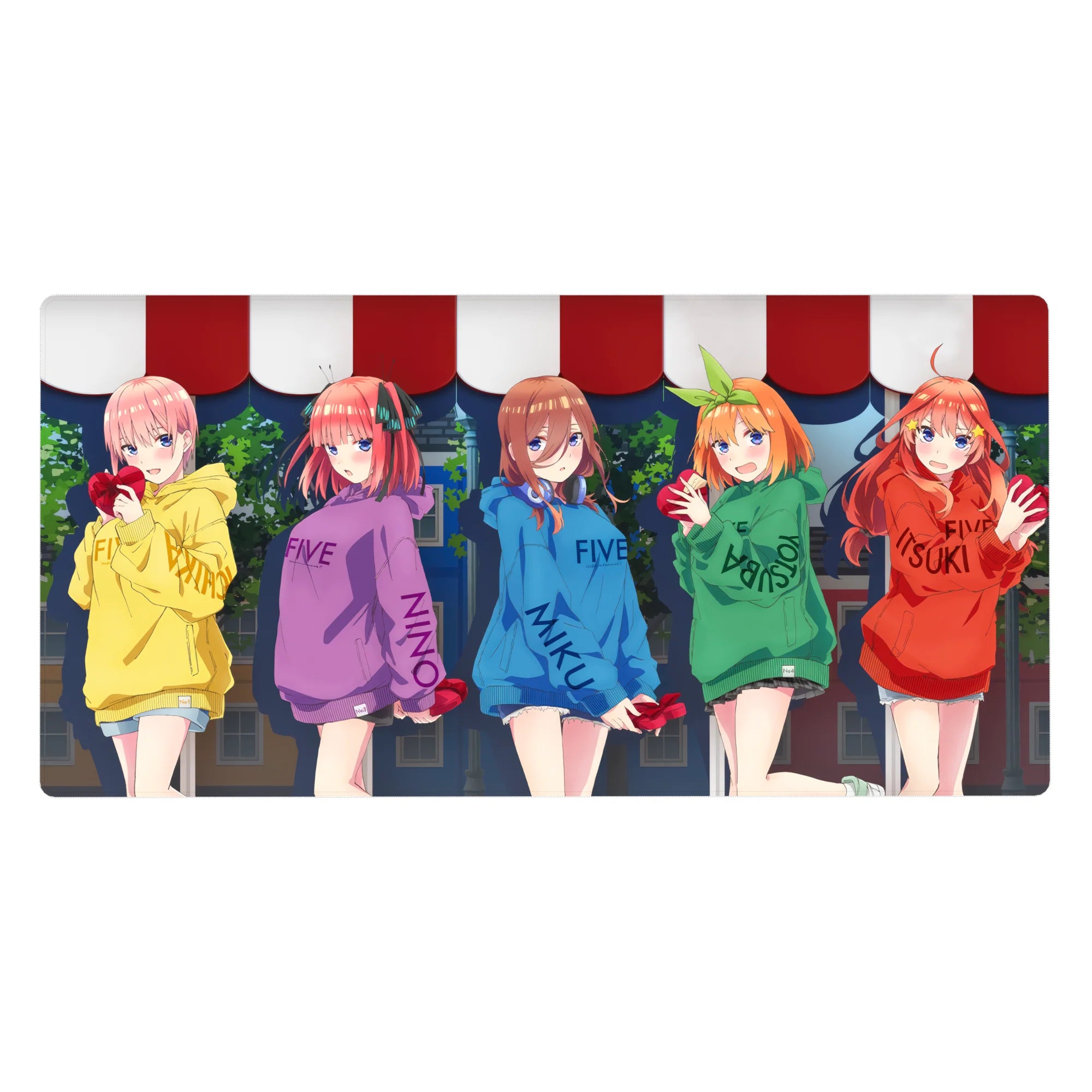 40x20 inches anime girl desk pad with five hoodie girls holding red heart gifts, festival night lineup.