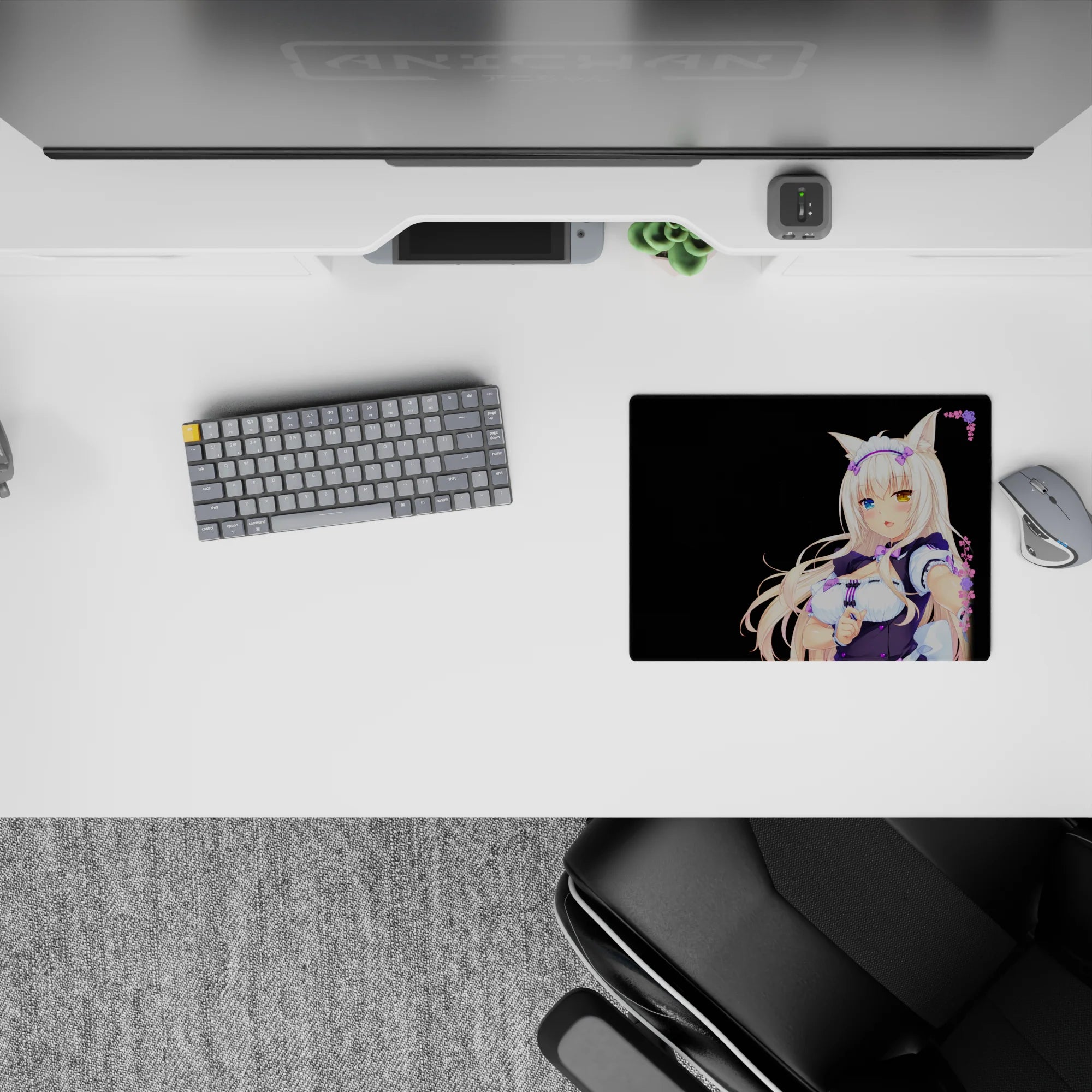 Black backdrop anime girl mouse pad 14x10 inches in violet, white, and platinum hair for cute cozy vibes.