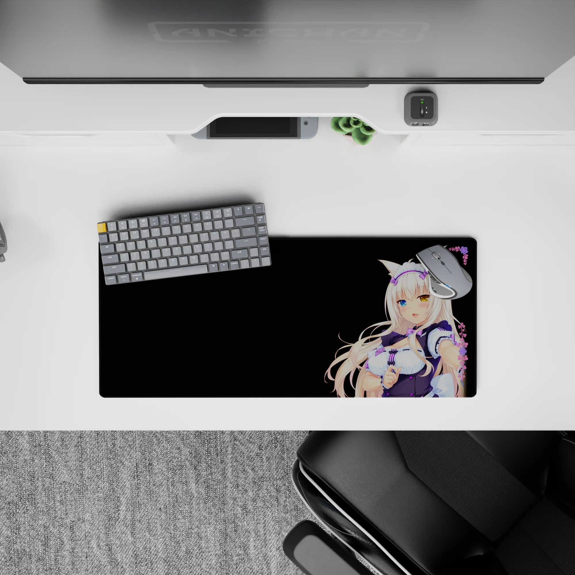 28x12 inches anime girl mouse pad in black, violet and white with platinum hair, cute cozy pastel vibe.