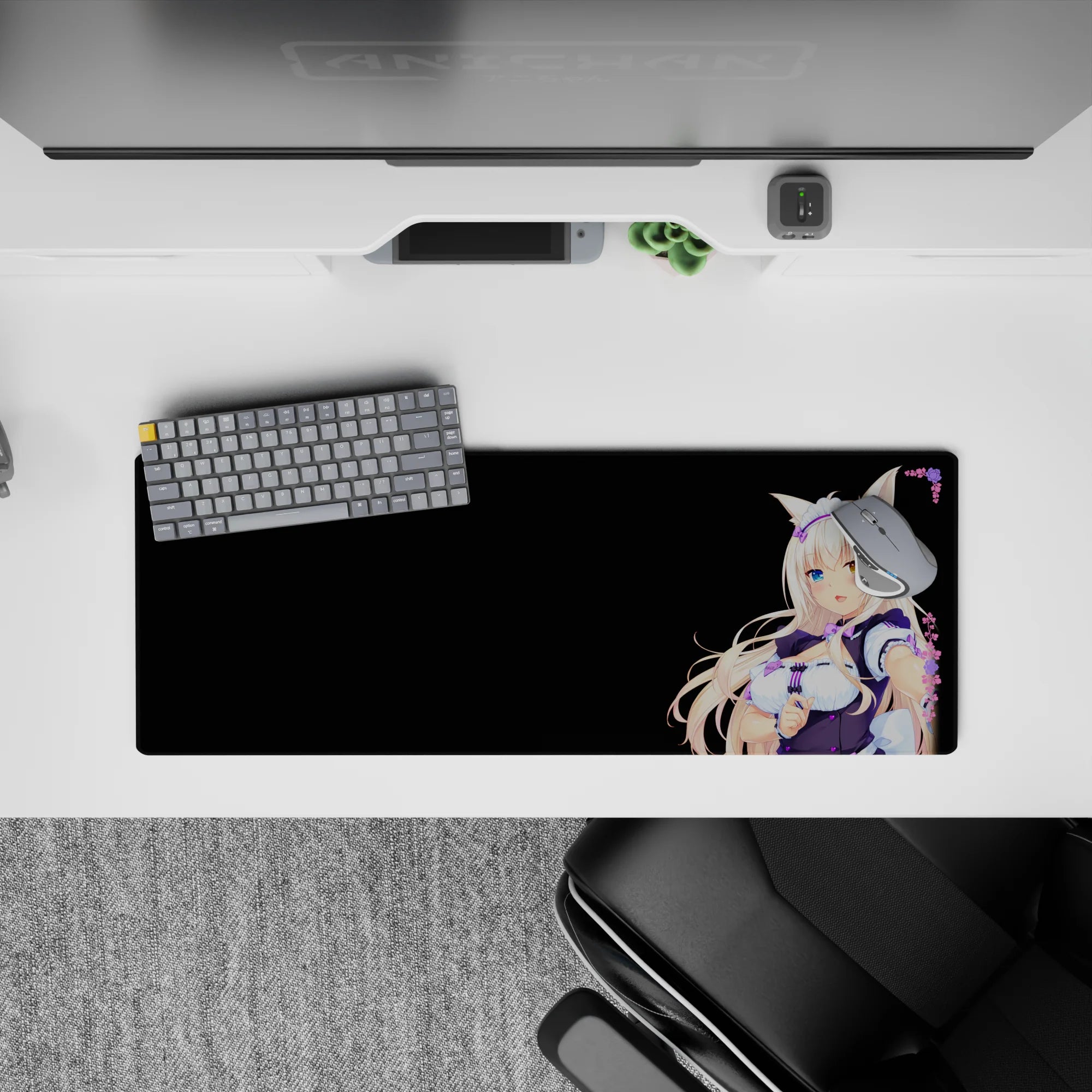 Cute pastel anime girl mouse pad 32x12 inches in violet and white on deep black, cozy playful vibe.