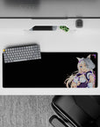 Cute pastel anime girl mouse pad 32x12 inches in violet and white on deep black, cozy playful vibe.