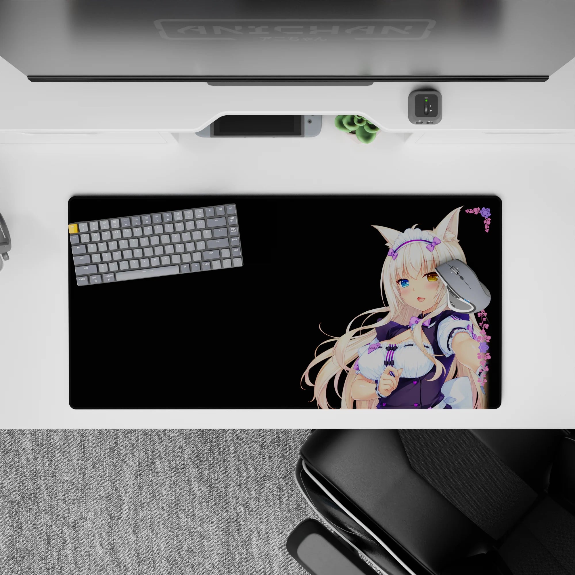32x16 inches mouse pad in black, violet, and white with cute pastel accents and cozy, playful anime vibe.