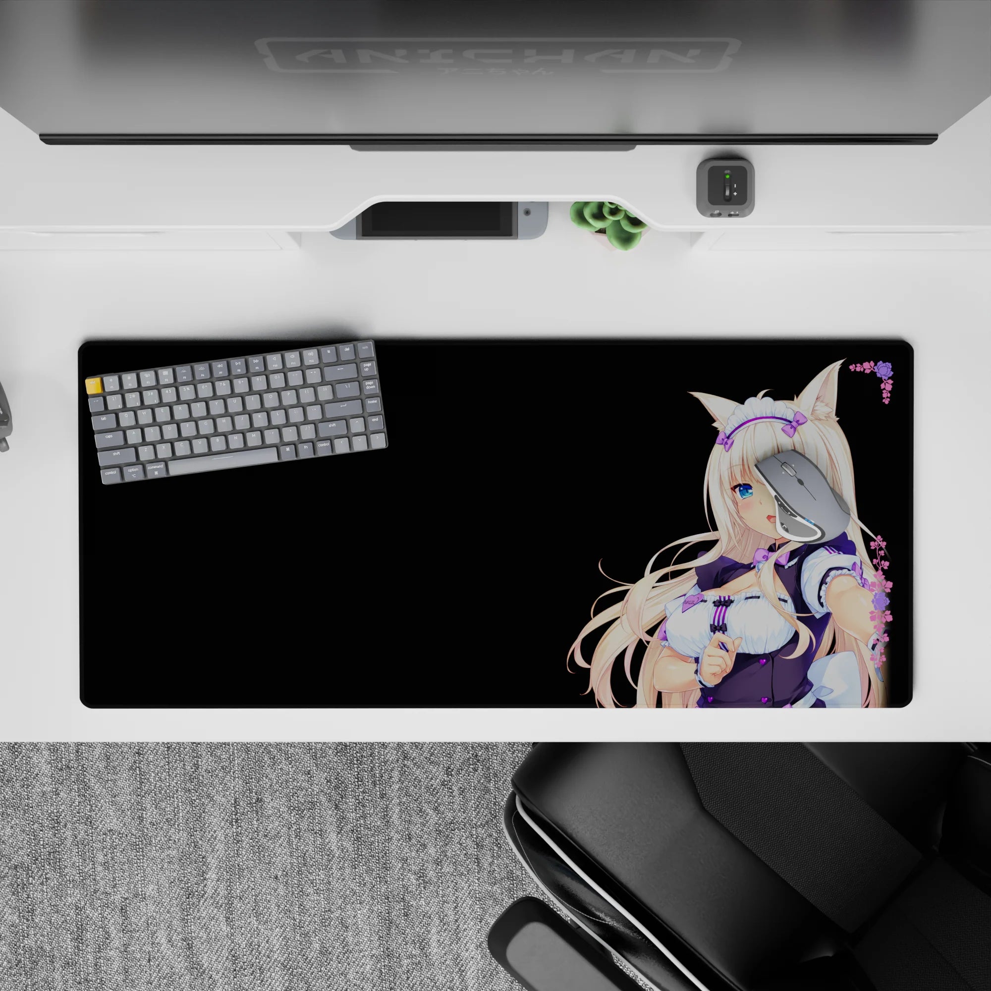 Black backdrop anime desk pad 36x16 inches in violet and white, bright pop colors, cute cozy vibe.