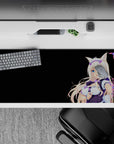 Black backdrop anime desk pad 36x16 inches in violet and white, bright pop colors, cute cozy vibe.