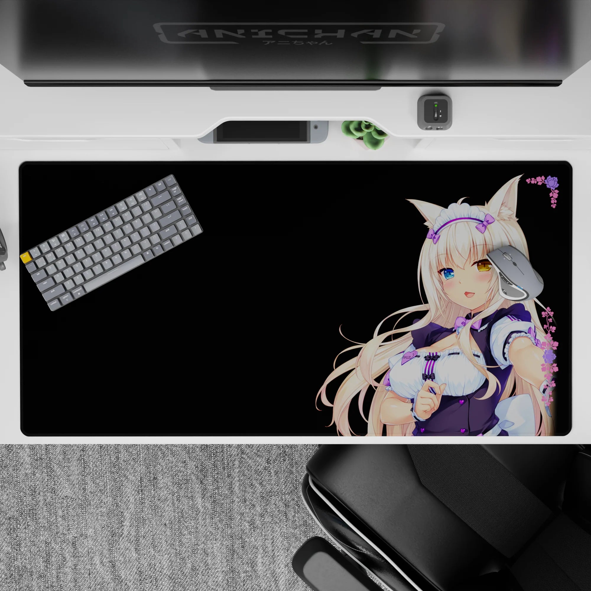 Cute violet-and-white ruffle desk pad with floral accents on black, cozy anime vibe, 40x20 inches.