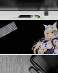 Cute violet-and-white ruffle desk pad with floral accents on black, cozy anime vibe, 40x20 inches.