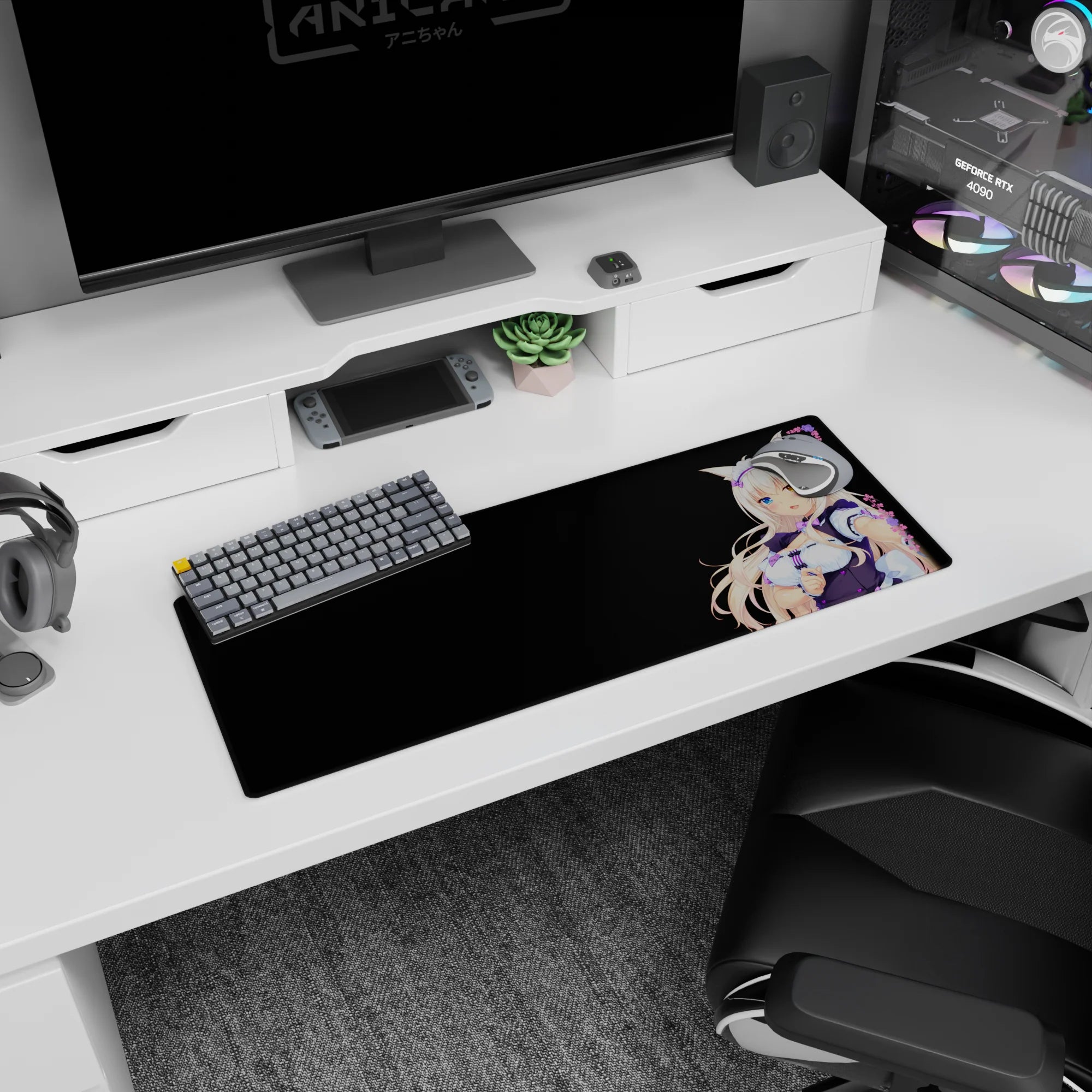 Catgirl maid grinning with blue and gold eyes on anime girl mouse pad 32x12 inches, platinum hair spread.