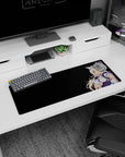 Catgirl maid grinning with blue and gold eyes on anime girl mouse pad 32x12 inches, platinum hair spread.