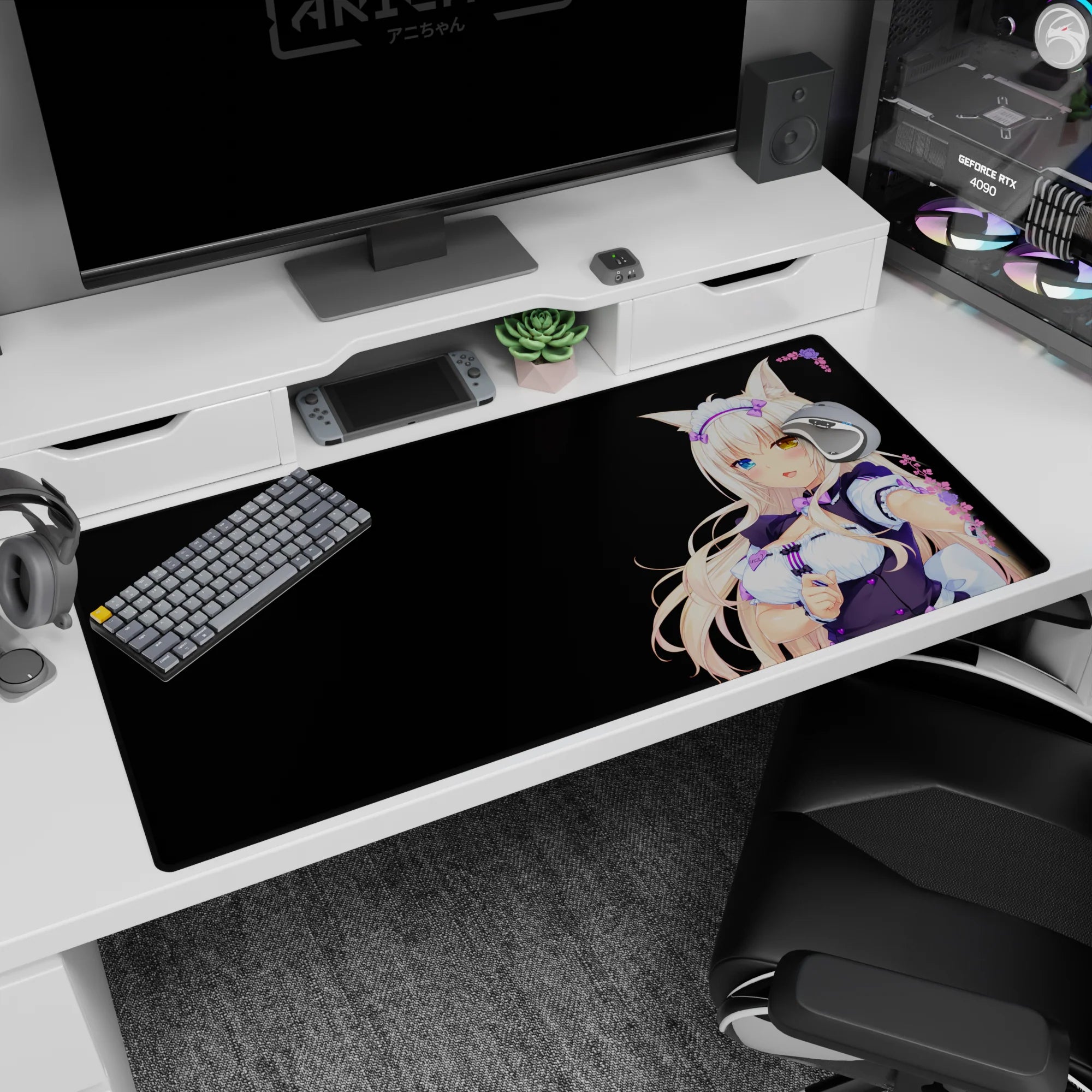 Playful catgirl maid with lavender bow, blue and gold eyes, heart buttons, on desk pad 40x20 inches.