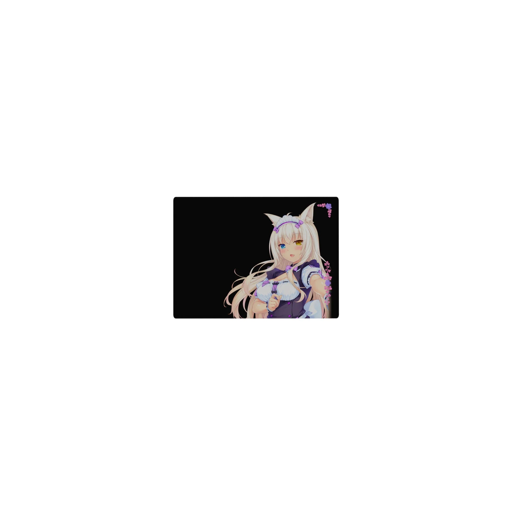 Classic anime girl mouse pad 14x10 inches with catgirl maid, ruffles, heart buttons, and floral accents.