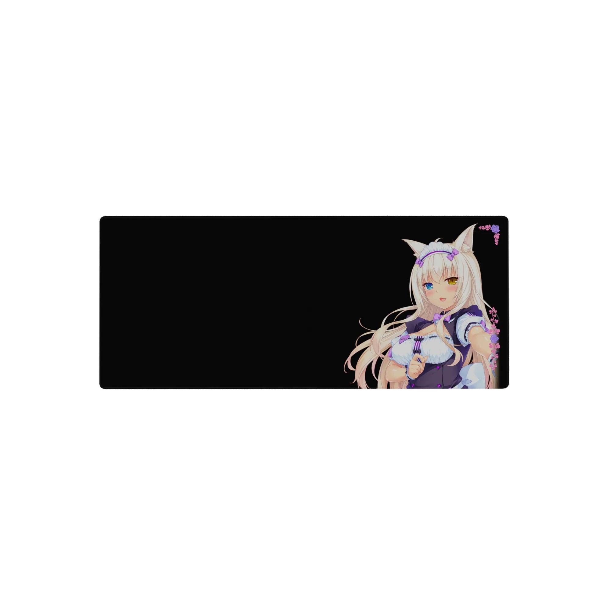 Anime girl mouse pad 28x12 inches with catgirl maid, heterochromia eyes, ruffles, floral border, black back.