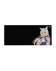 Anime girl mouse pad 28x12 inches with catgirl maid, heterochromia eyes, ruffles, floral border, black back.