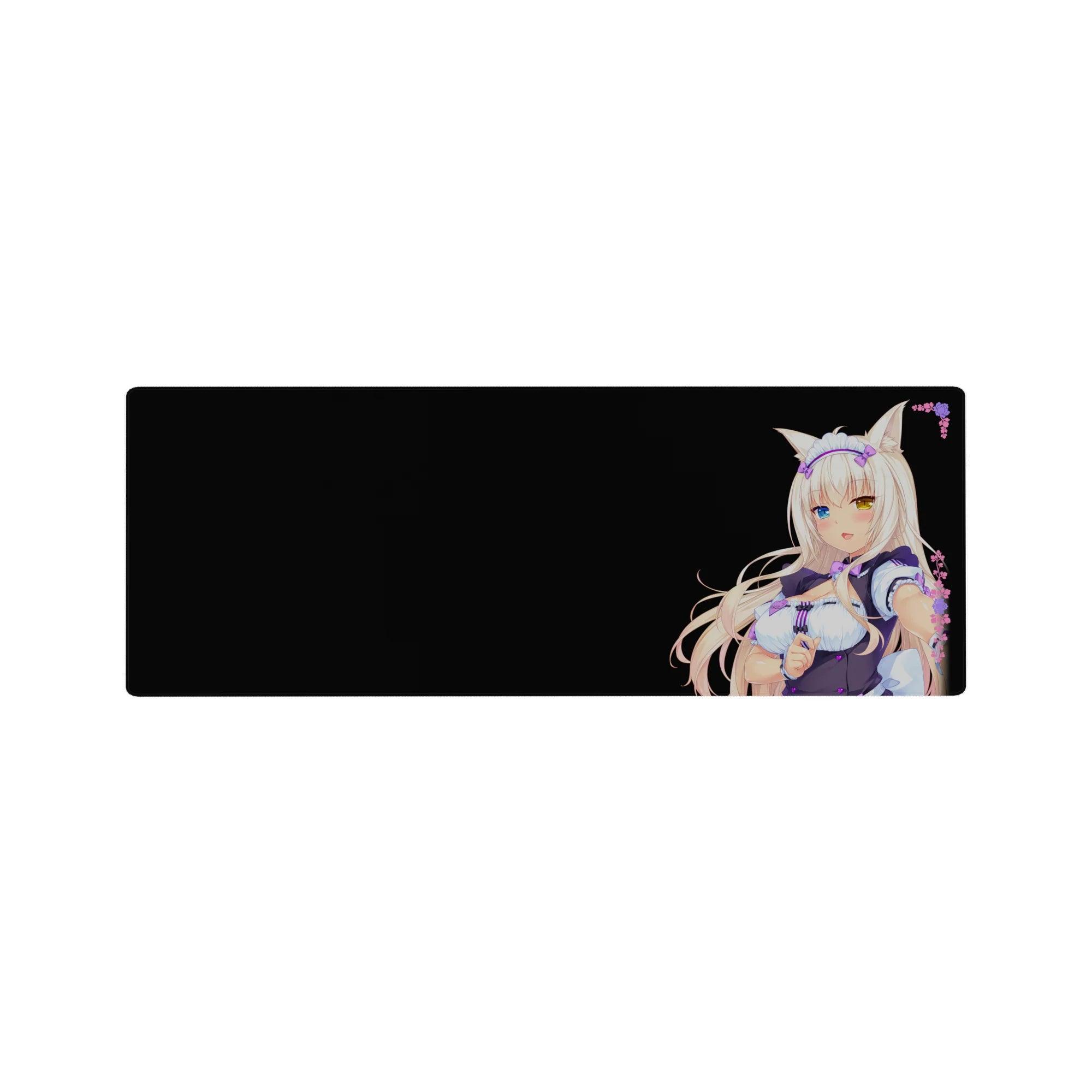 Anime girl mouse pad 32x12 inches with catgirl maid outfit, heterochromia eyes, black backdrop, florals.
