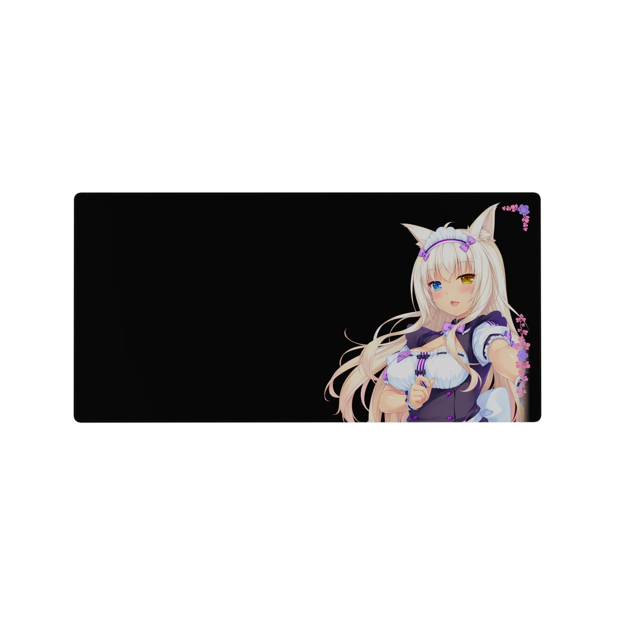 32x16 inches anime girl mouse pad with catgirl maid, platinum hair, heterochromia, black backdrop, florals.