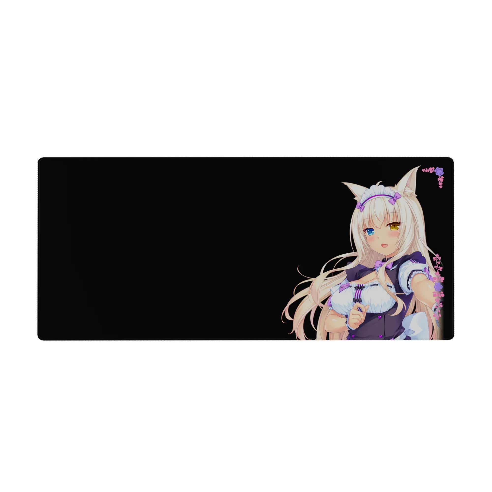 Anime catgirl maid desk pad 36x16 inches with heterochromia, platinum hair, violet ruffles, black background.