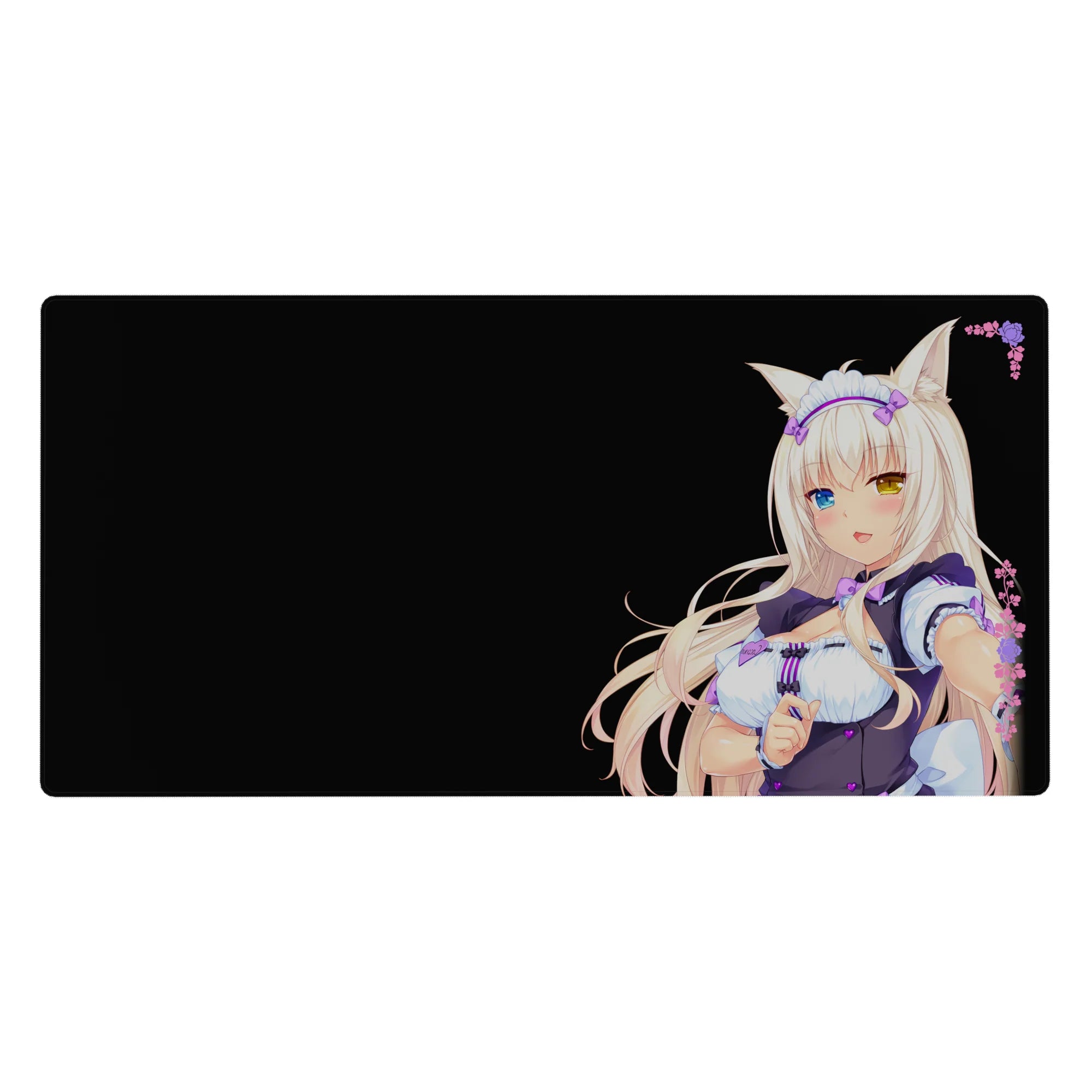 Anime catgirl maid desk pad mousepad, deep black backdrop, platinum hair, mismatched eyes, 40x20 inches.