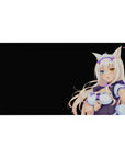 Anime catgirl maid desk pad mousepad, deep black backdrop, platinum hair, mismatched eyes, 40x20 inches.