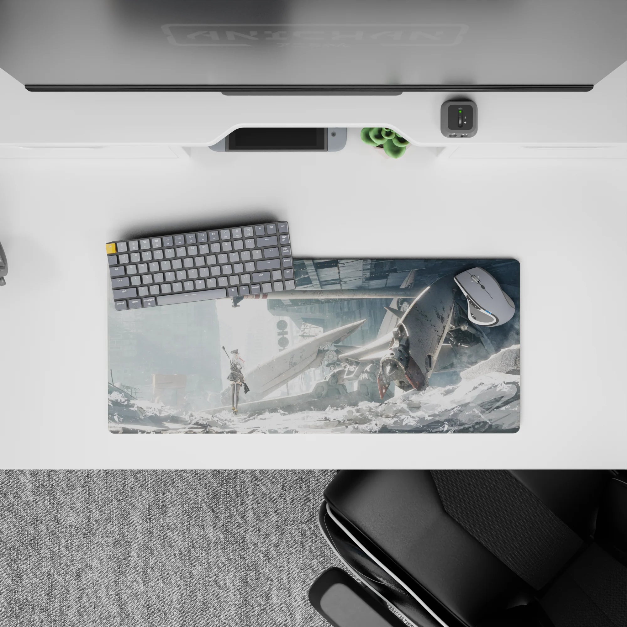 28x12 inches anime girl mouse pad in cold white and misty grey tones, vivid red ribbon accent, calm gritty mood.