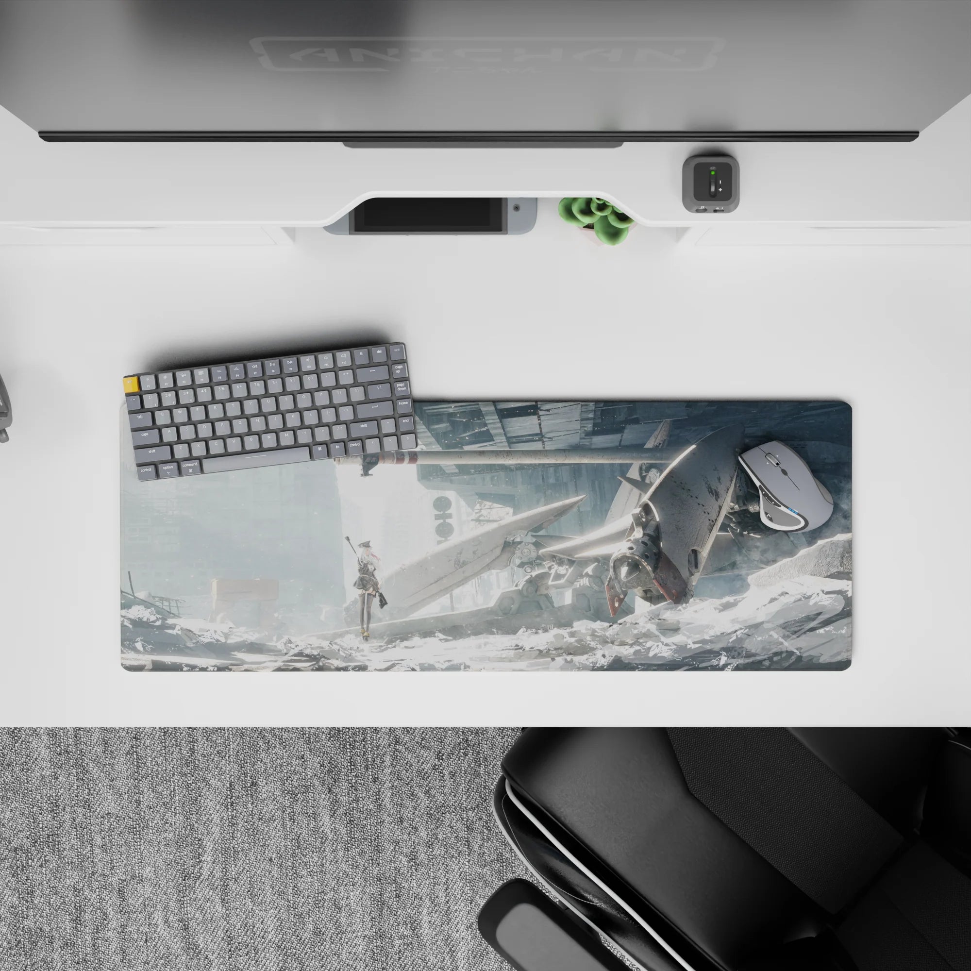 32x12 inches anime girl desk mat in cold white and misty grey tones with a vivid red ribbon, calm gritty vibe.
