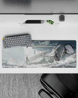 32x12 inches anime girl desk mat in cold white and misty grey tones with a vivid red ribbon, calm gritty vibe.